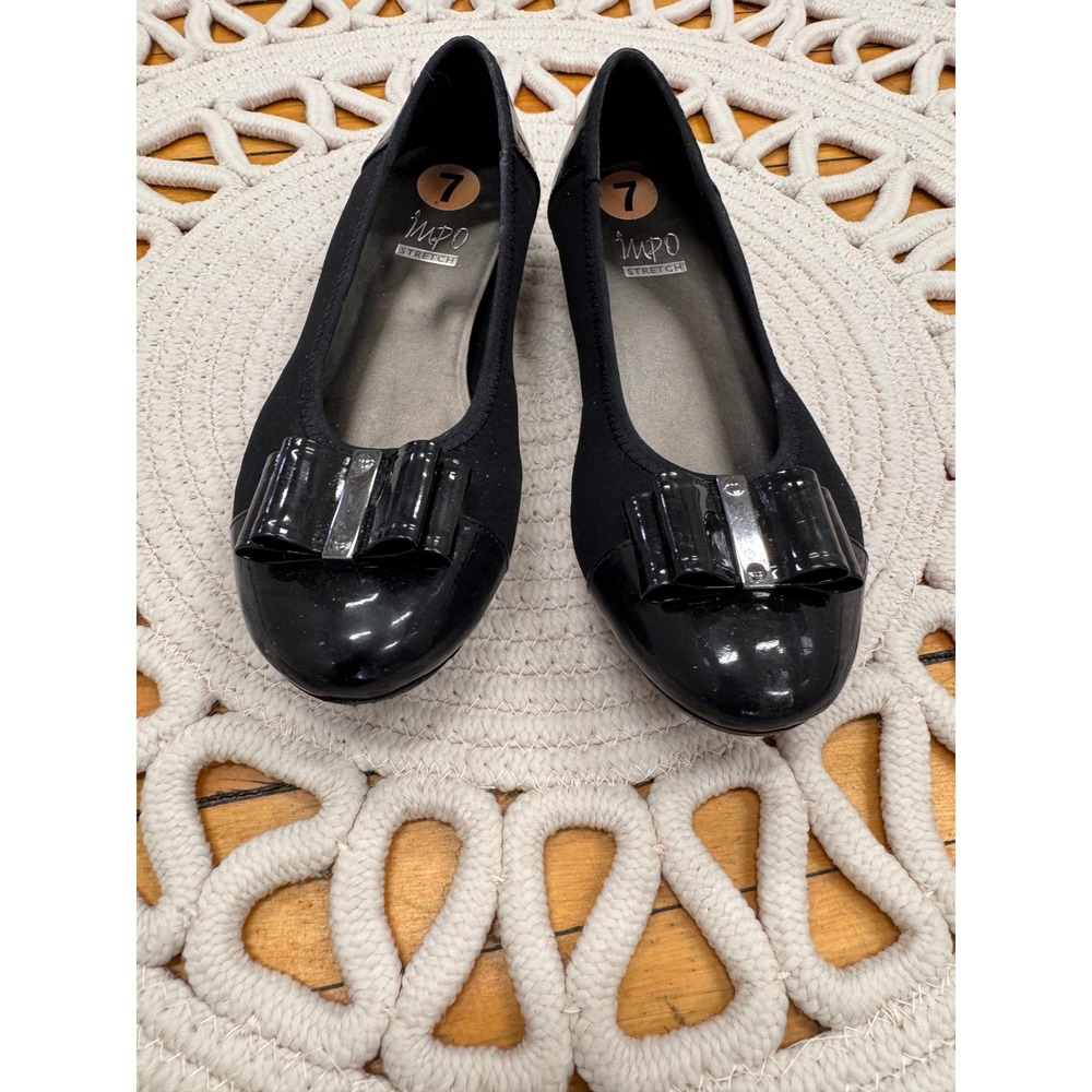 Impo Stretch Black Ballet Flats Patent‎ Bow Silver Hardware Round Toe Womens 7
